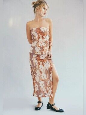 NWT Free People Presley Midi Dress Size M Floral Ruched Bodice Strapless